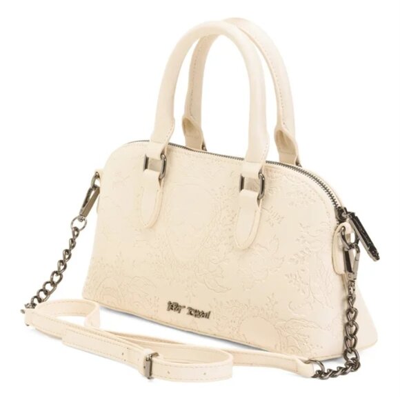 Betsey Johnson Cream Skull Embossed Satchel Crossbody with Skull & Heart Charm - Picture 7 of 8